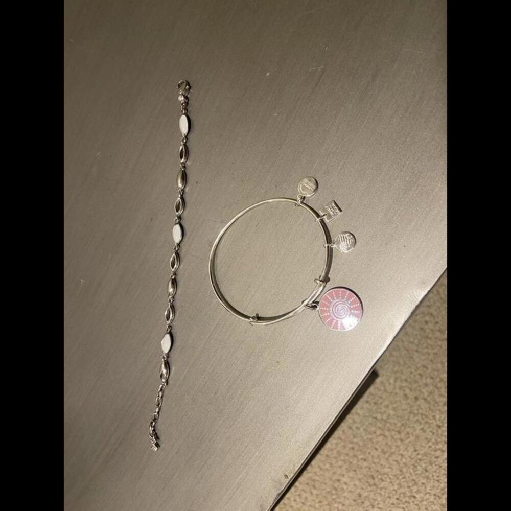 ALEX AND ANI Pink Spiral Sun Charm Bangle + Silvertone & White Bracelet- EUC